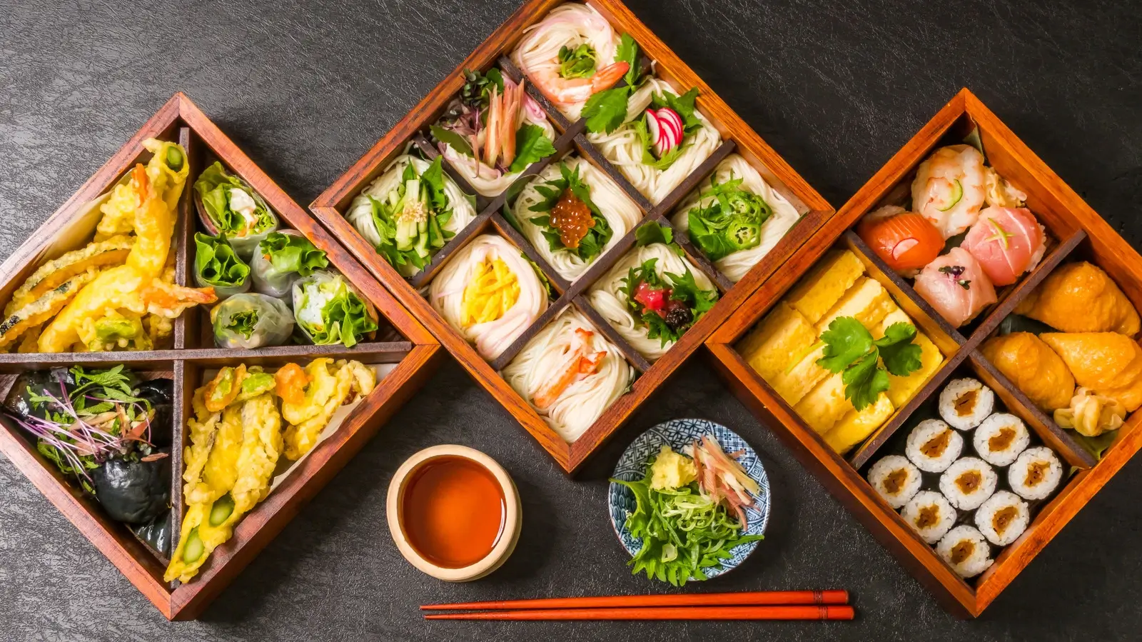 Most Delicious Food: A selection of traditional Japanese dishes such as sushi, sashimi, and tempura, highlighting the delicate presentation and fresh flavors of Japanese cuisine.