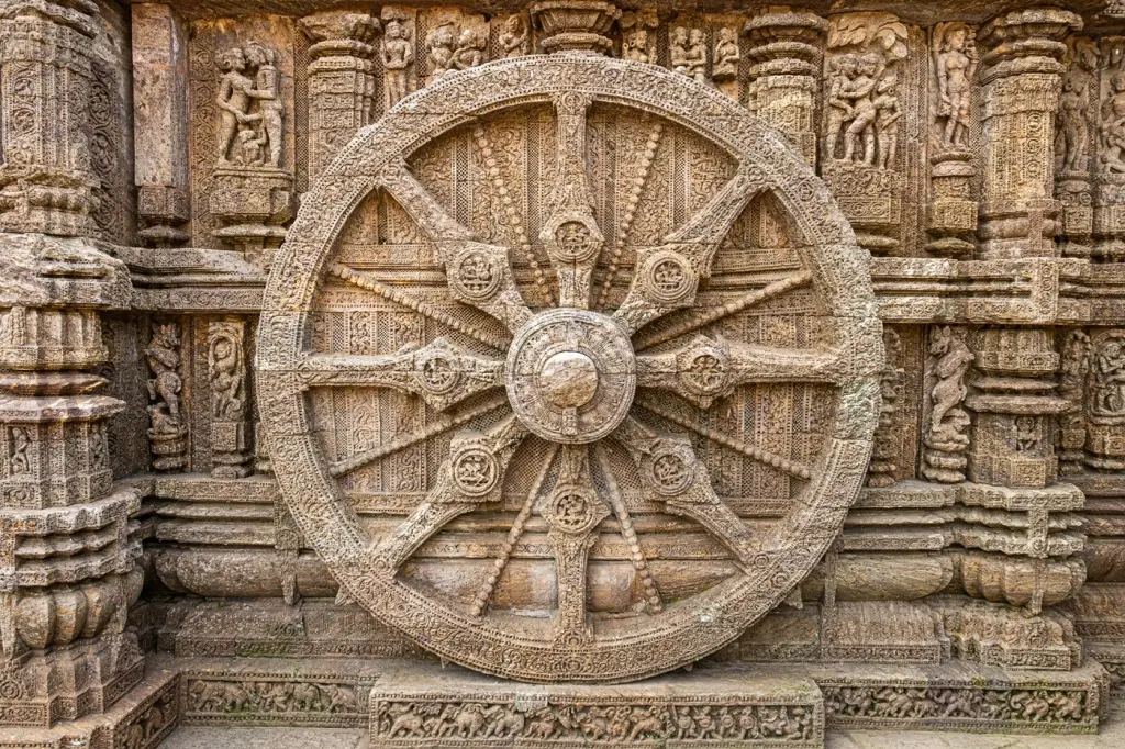 Close-up of the chariot wheel carvings at Konark Sun Temple